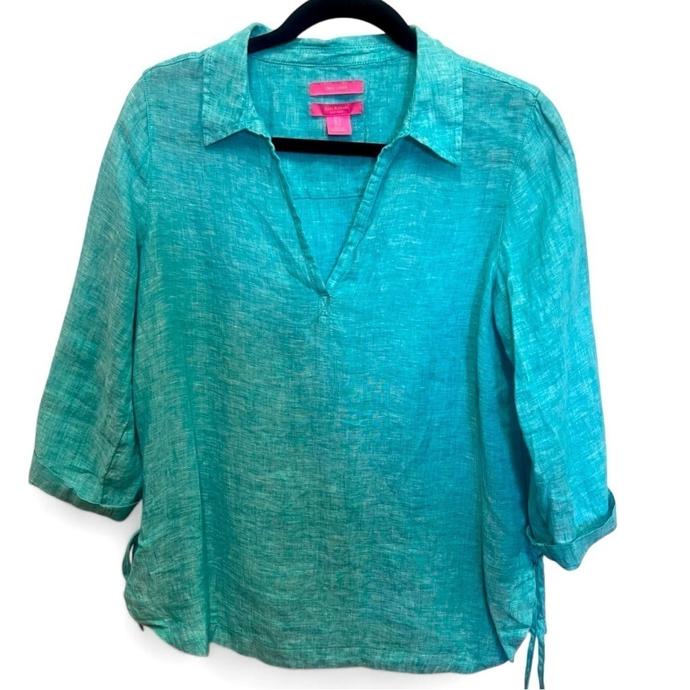 ISSAC MIZRAHI New York Women's Linen Top Size Small Turquoise Greenish/Blue